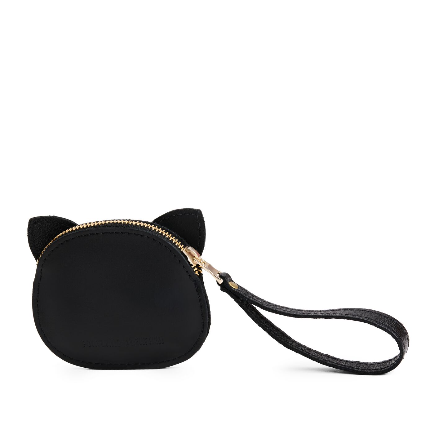 Black | A small cat-shaped leather pouch with embroidered facial details and a wrist strap.