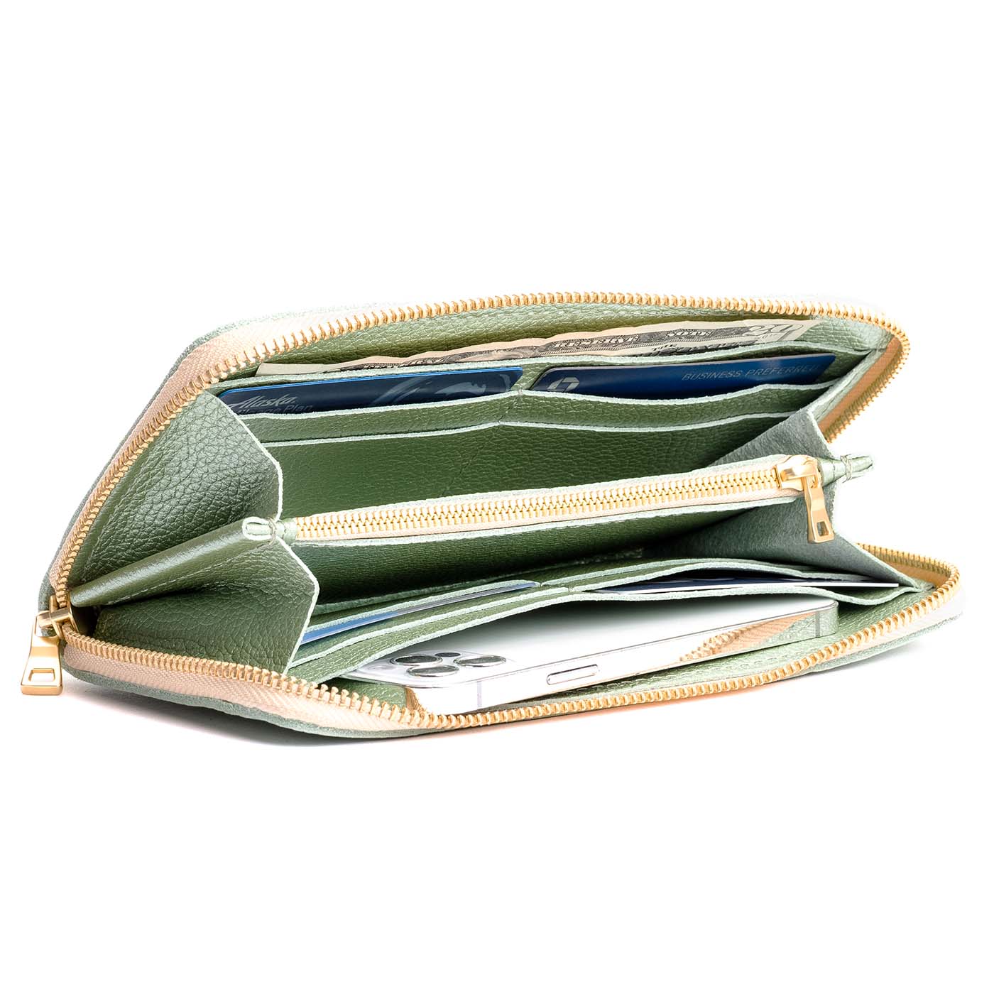 Beetle | Large accordion leather wallet with zipper open