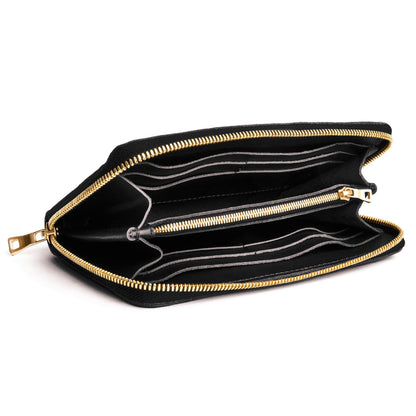Black | Large accordion leather wallet with zipper open