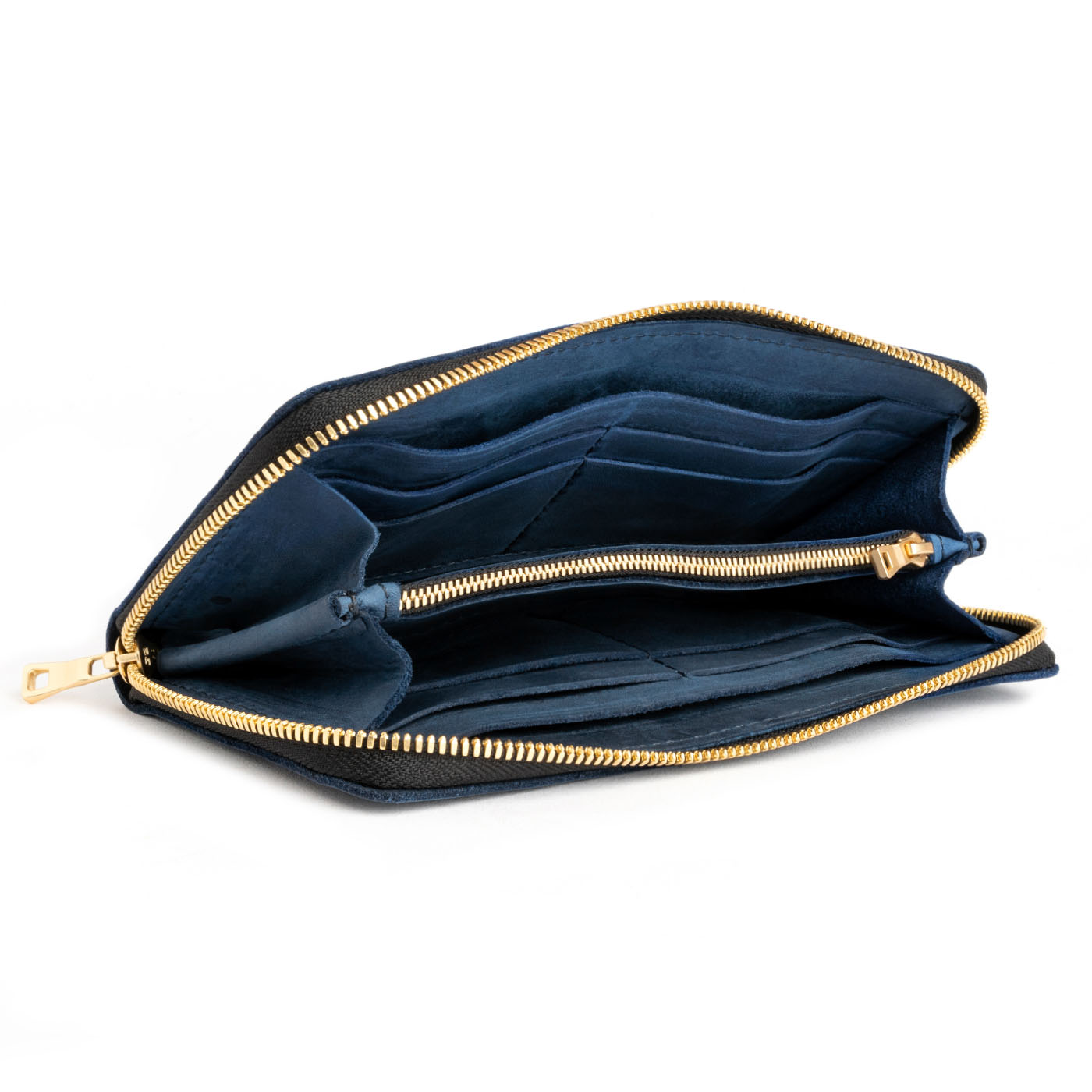 Deep Water | Large accordion leather wallet with zipper open