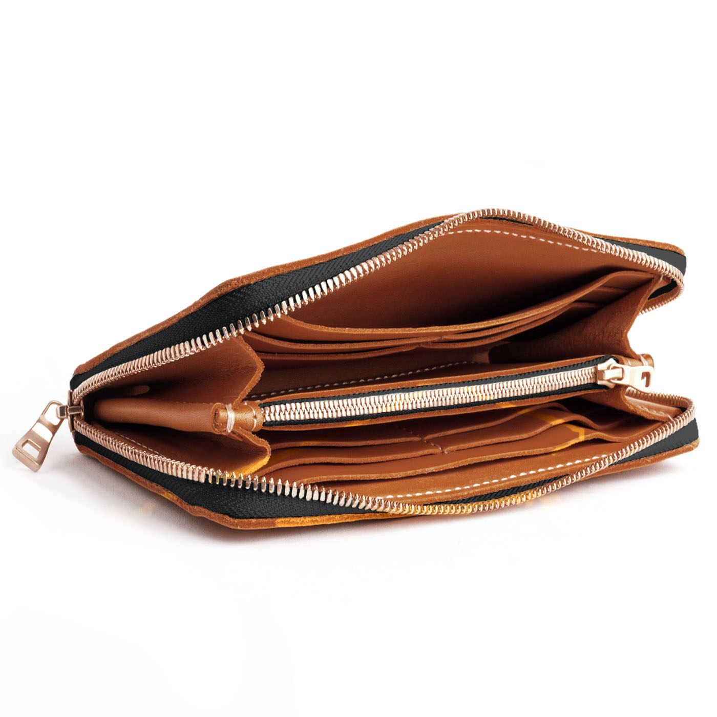Honey | Large accordion leather wallet with zipper open