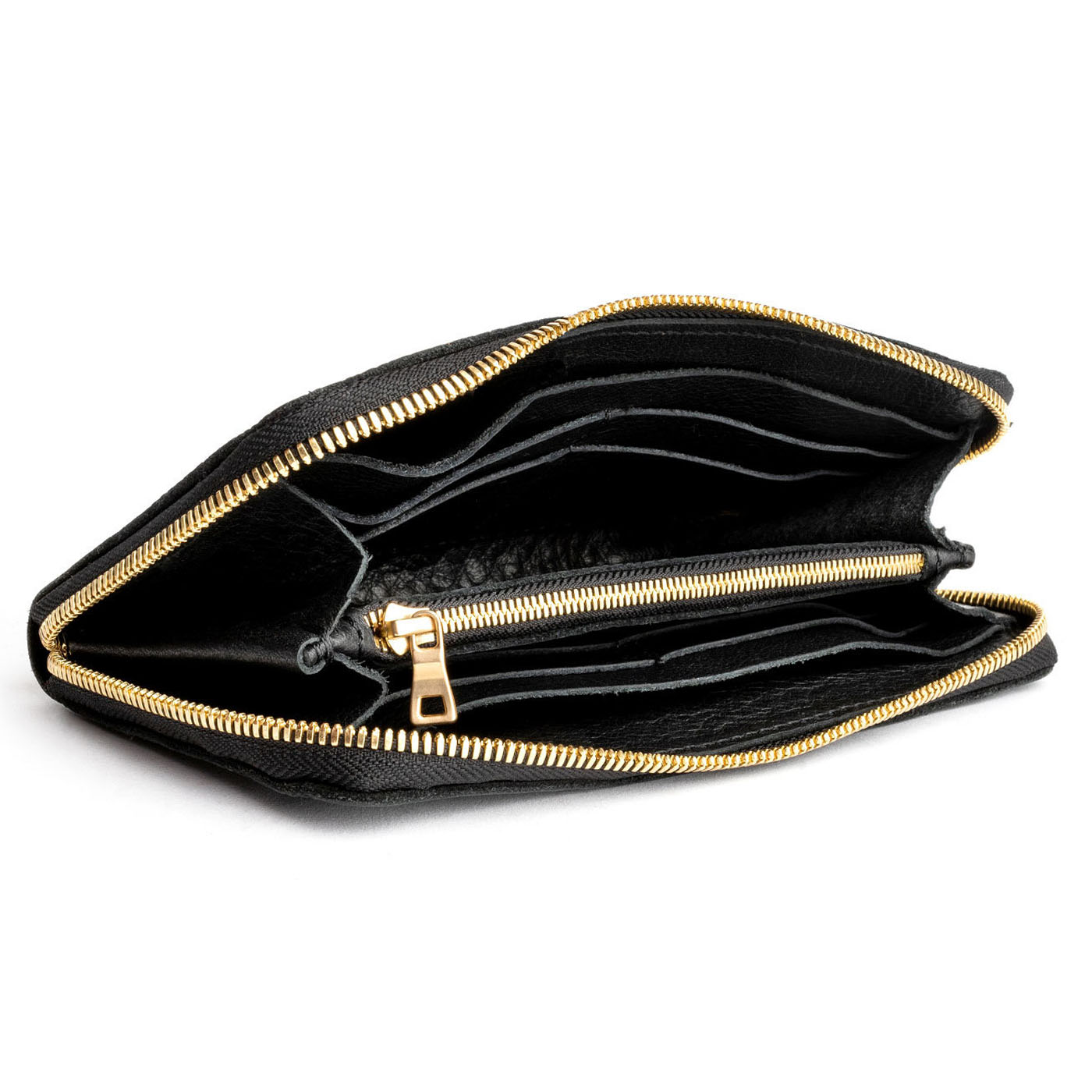 Pebbled--black | Large accordion leather wallet with zipper open