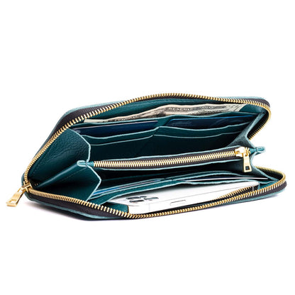 Soul Blue | Large accordion leather wallet with zipper open