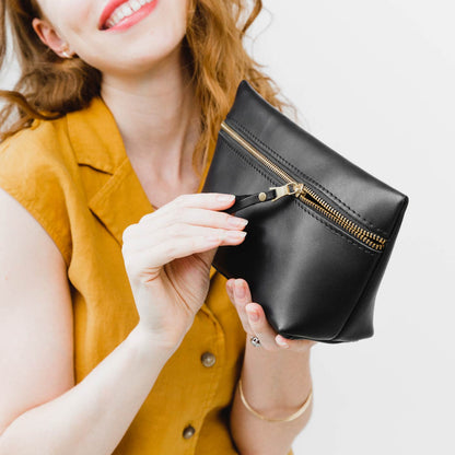 All Color: Black | Large leather makeup bag with zipper