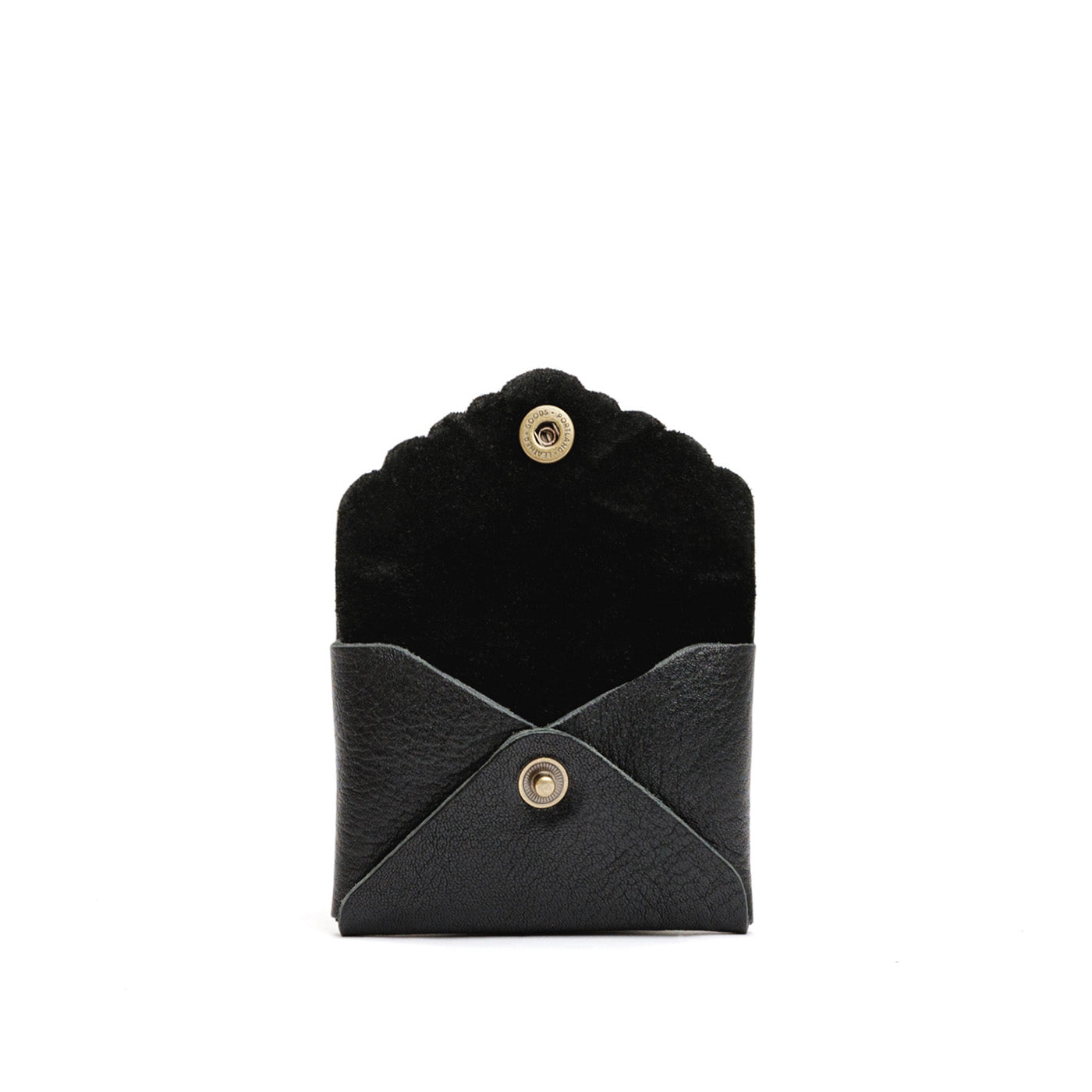 Pebbled--black | Small leather wallet with scalloped edge open