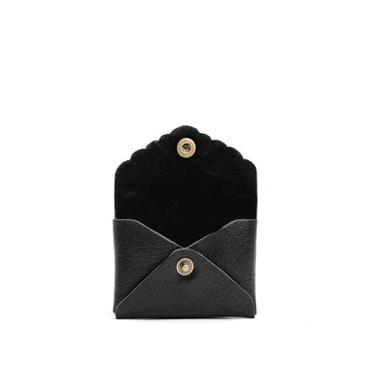 Pebbled--black | Small leather wallet with scalloped edge open