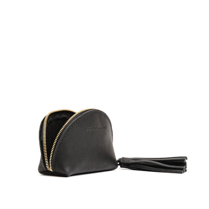 Black | Small leather zippered pouch with tassel