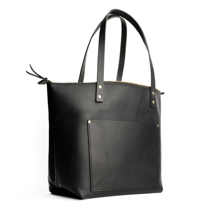 Black*Zipper | Large zipper leather tote bag with sturdy bridle handles and front pocket