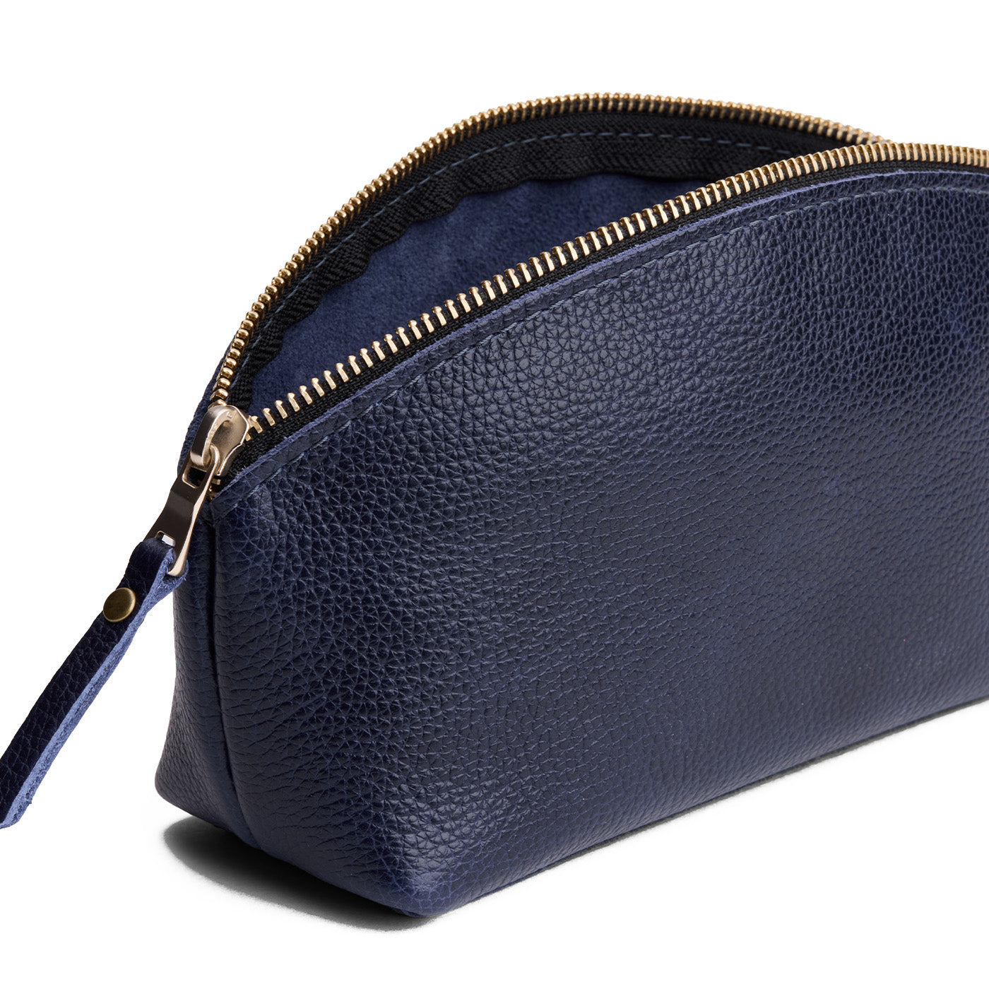 Cobalt | Spacious leather makeup bag with curved seams and top zipper open