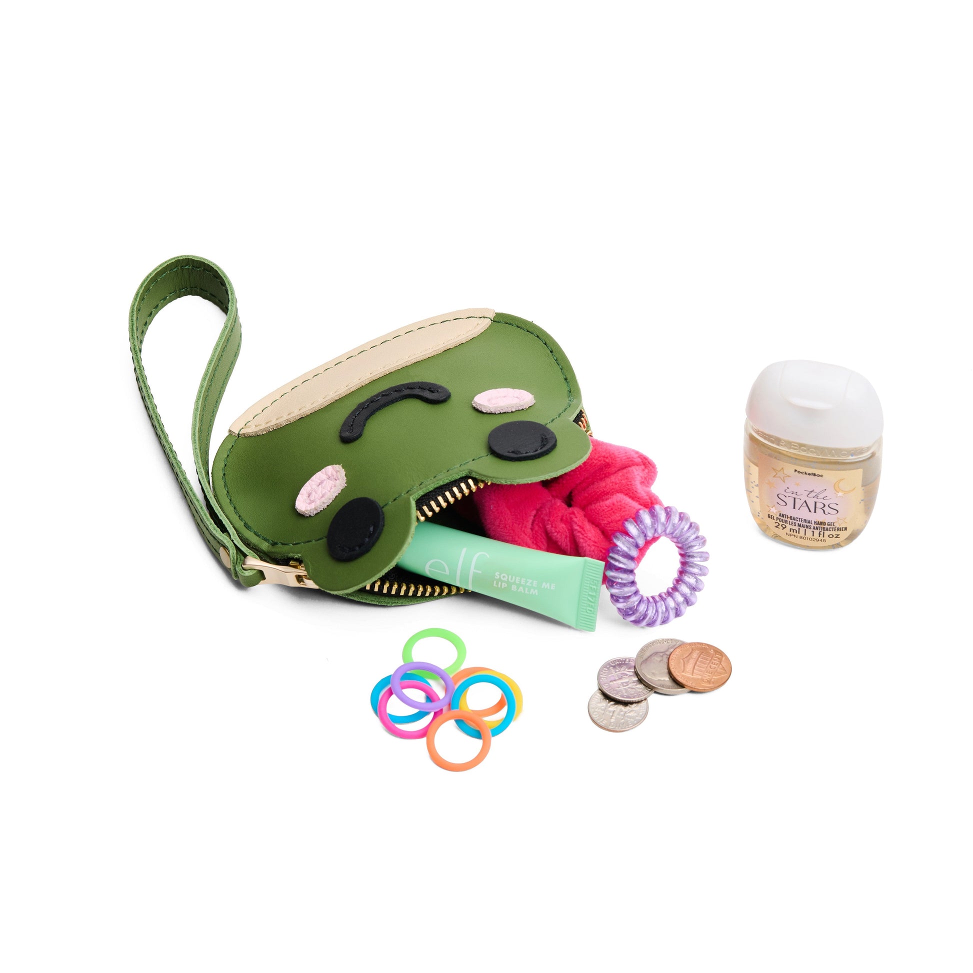 Cactus | Frog-shaped pouch with zipper opening, wristlet and products displayed