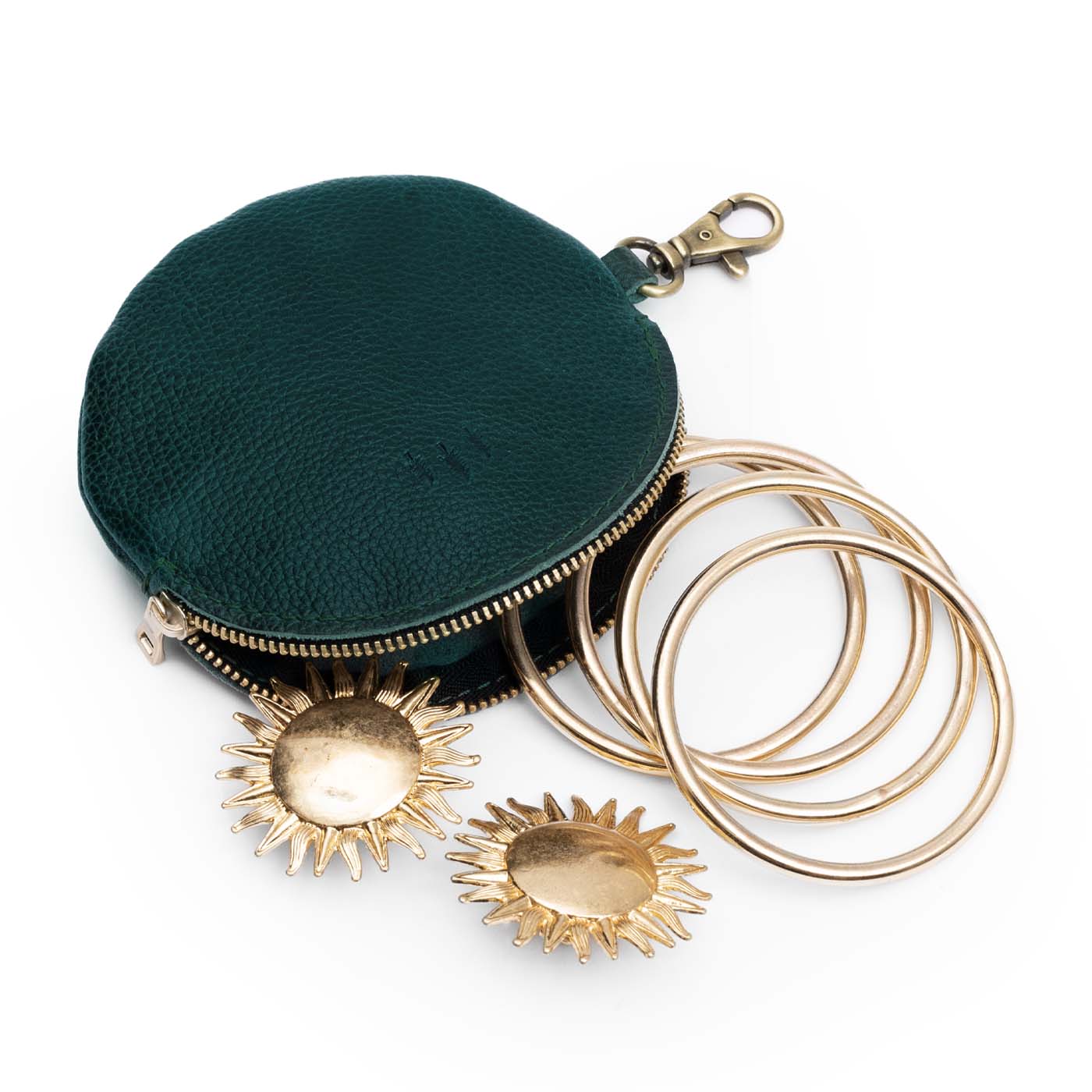 Forest Green | Leather flat round keychain pouch