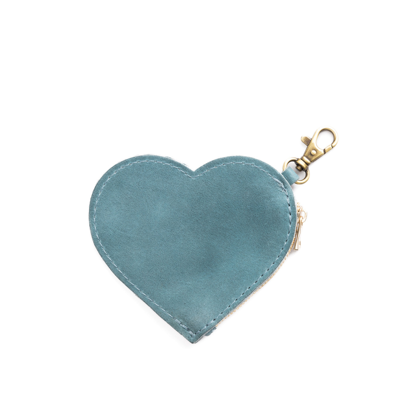 Aqua | Heart-shaped leather pouch keychain with zipper top and lobster clasp