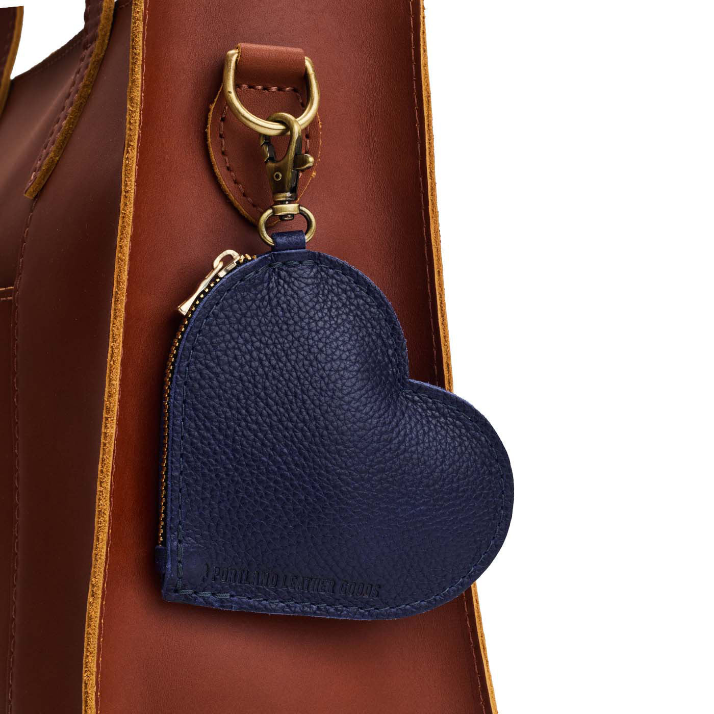 Cobalt | Heart-shaped leather pouch keychain with zipper top and lobster clasp