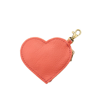 Coral | Heart-shaped leather pouch keychain with zipper top and lobster clasp