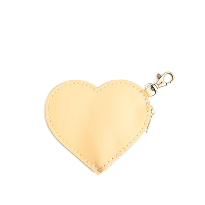 Vanilla | Heart-shaped leather pouch keychain with zipper top and lobster clasp