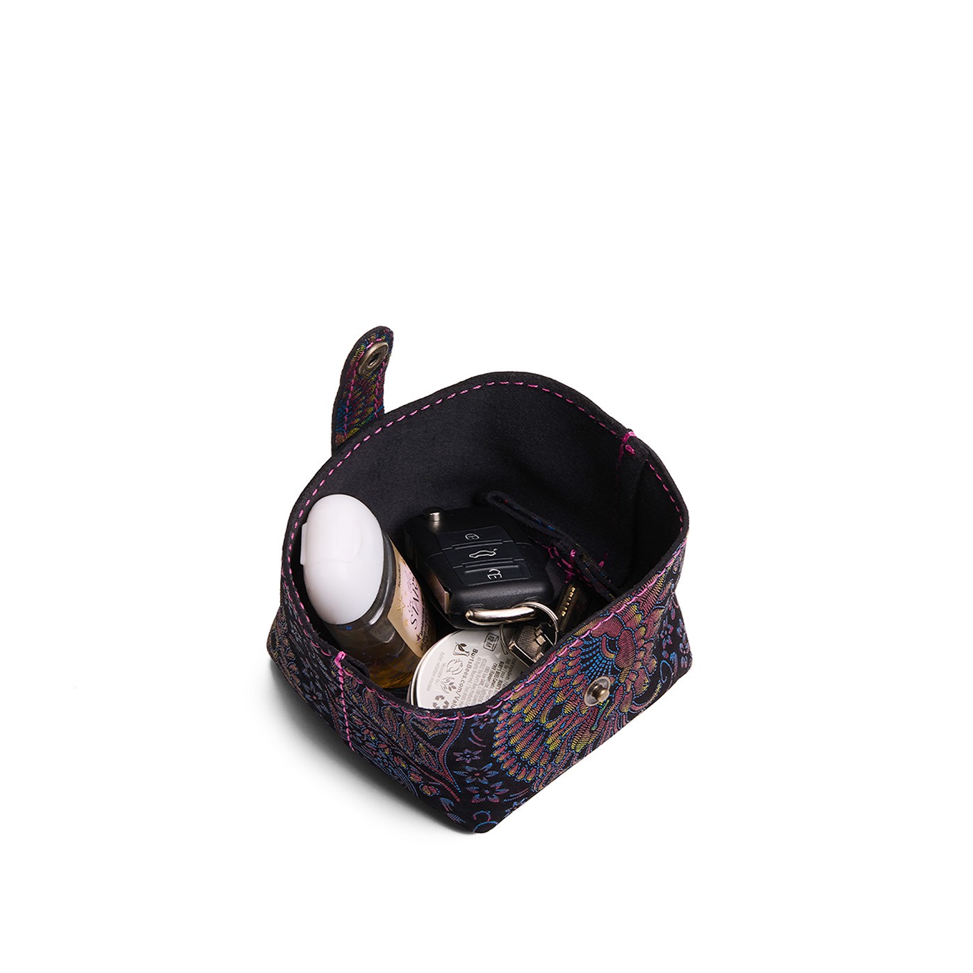 Carnival | Foldable square leather pouch with snap closure open