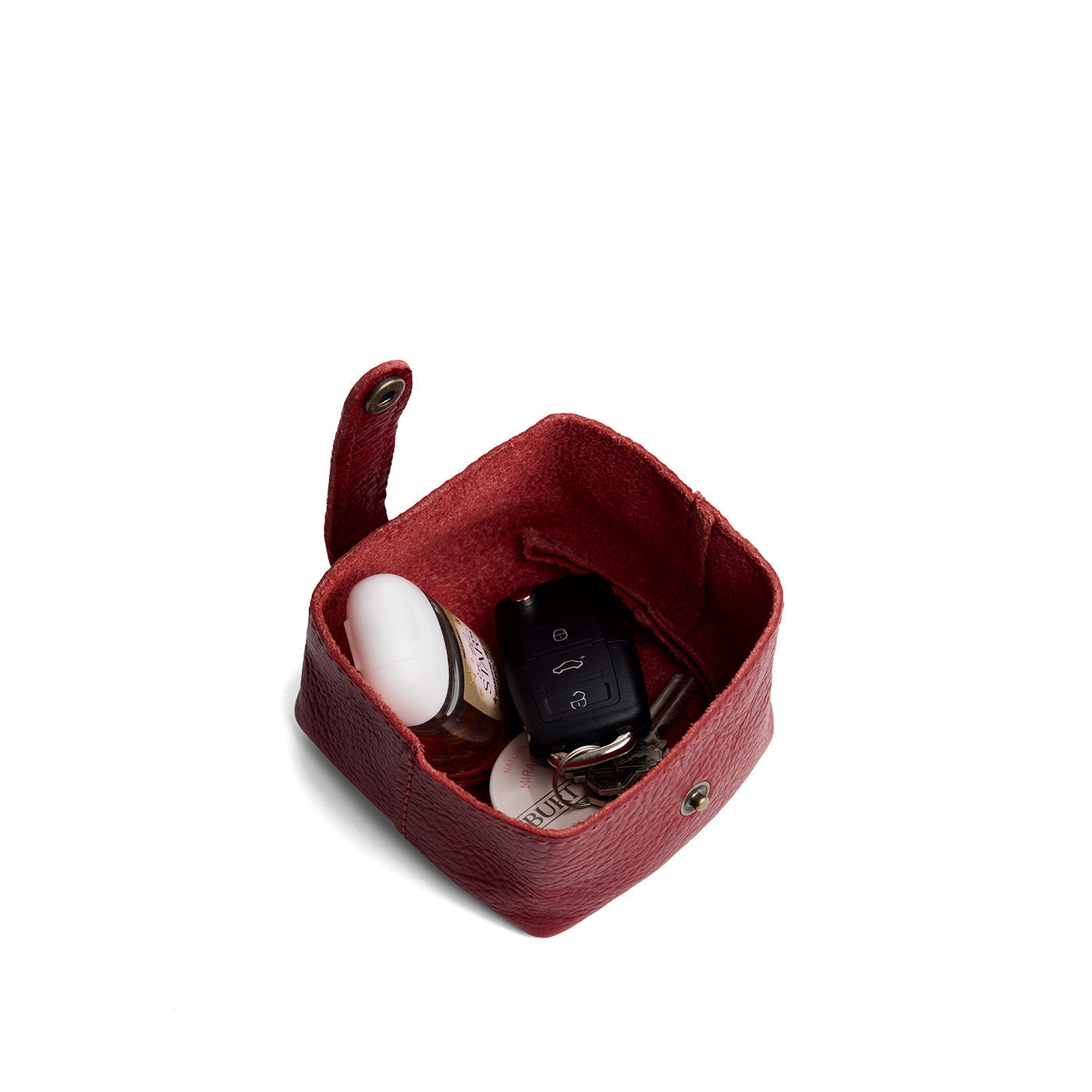 Chili Red | Foldable square leather pouch with snap closure open