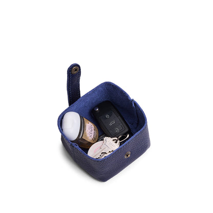 Cobalt | Foldable square leather pouch with snap closure open