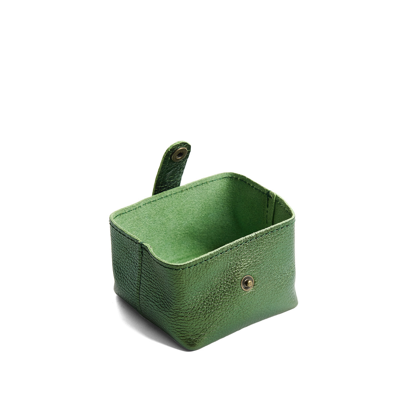 Metallic Greench | Foldable square leather pouch with snap closure open