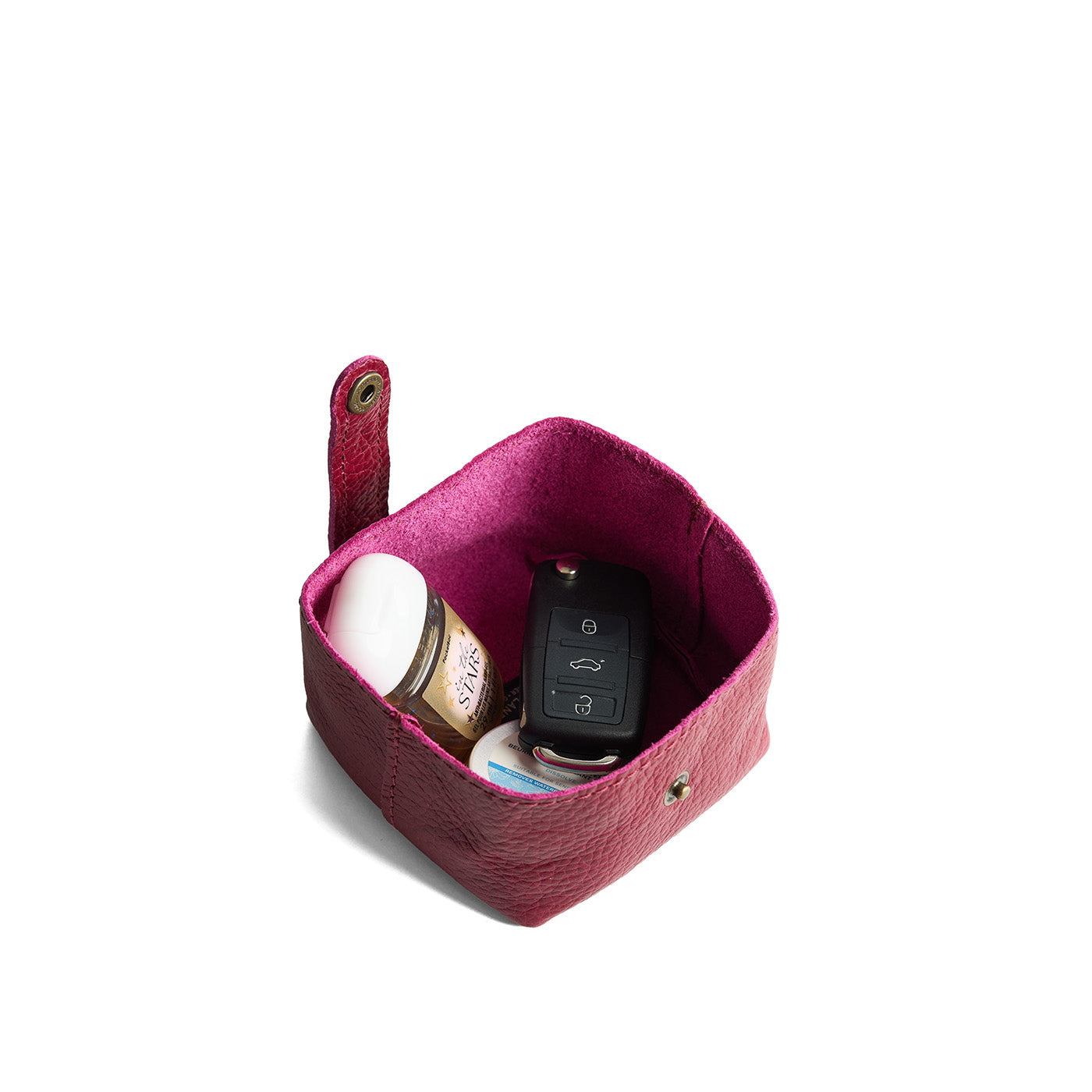 Orchid | Foldable square leather pouch with snap closure open