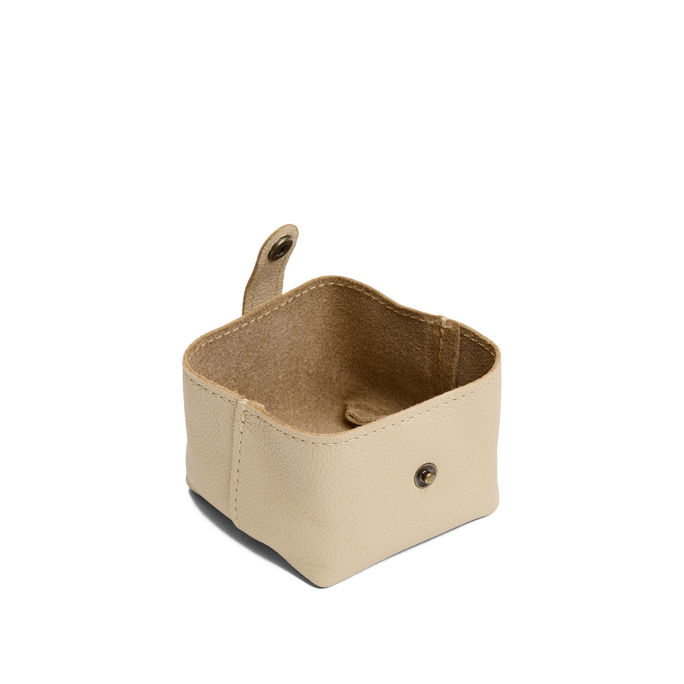 Pebbled Bone | Foldable square leather pouch with snap closure open