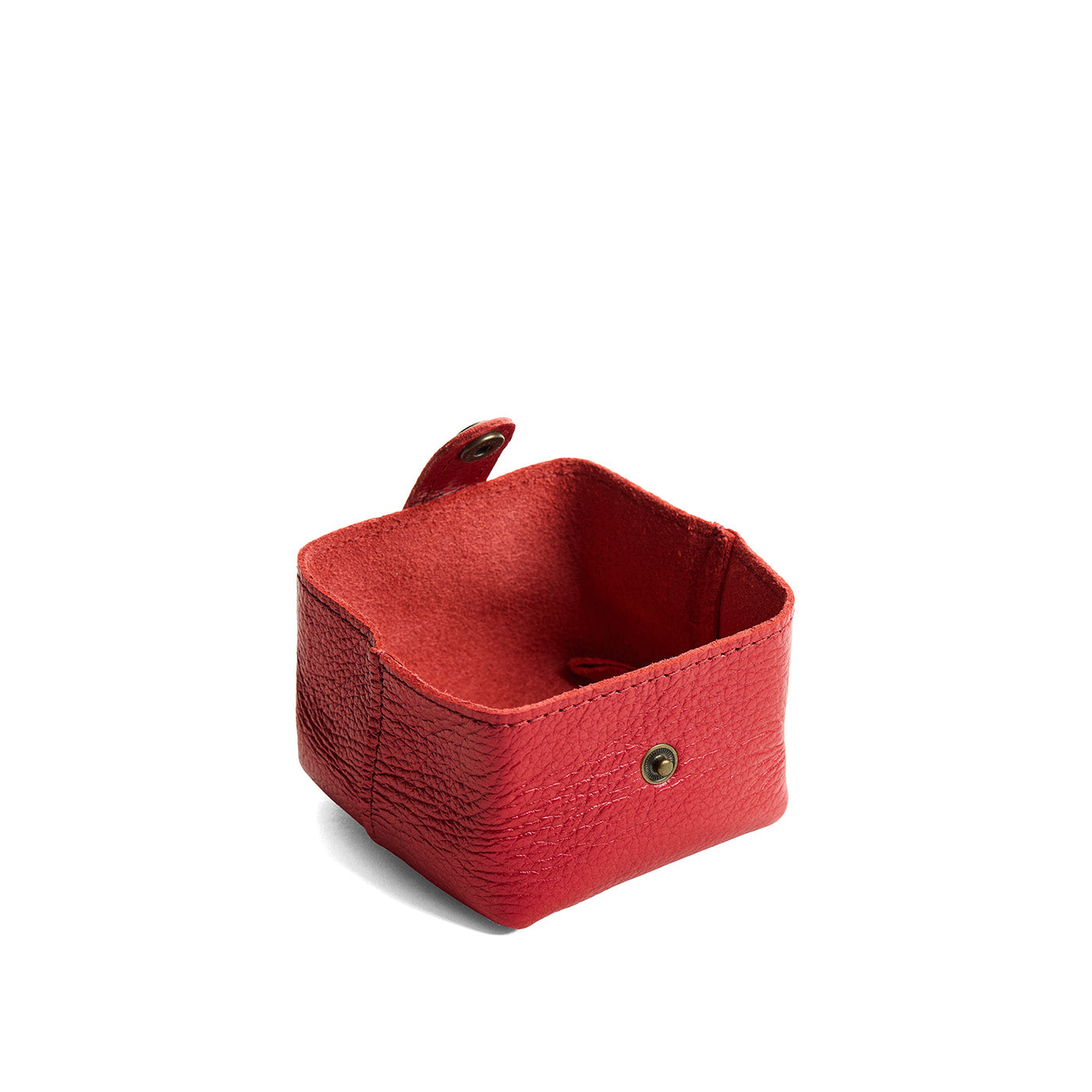 Reba Red | Foldable square leather pouch with snap closure open