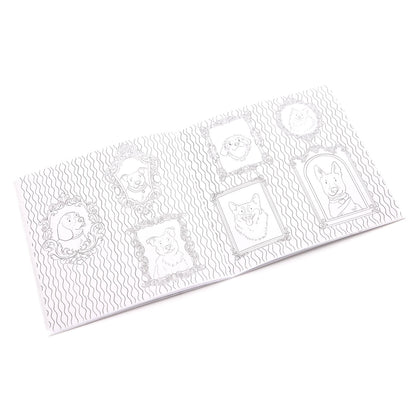 Coloring book pages with dog-themed designs on a white background.