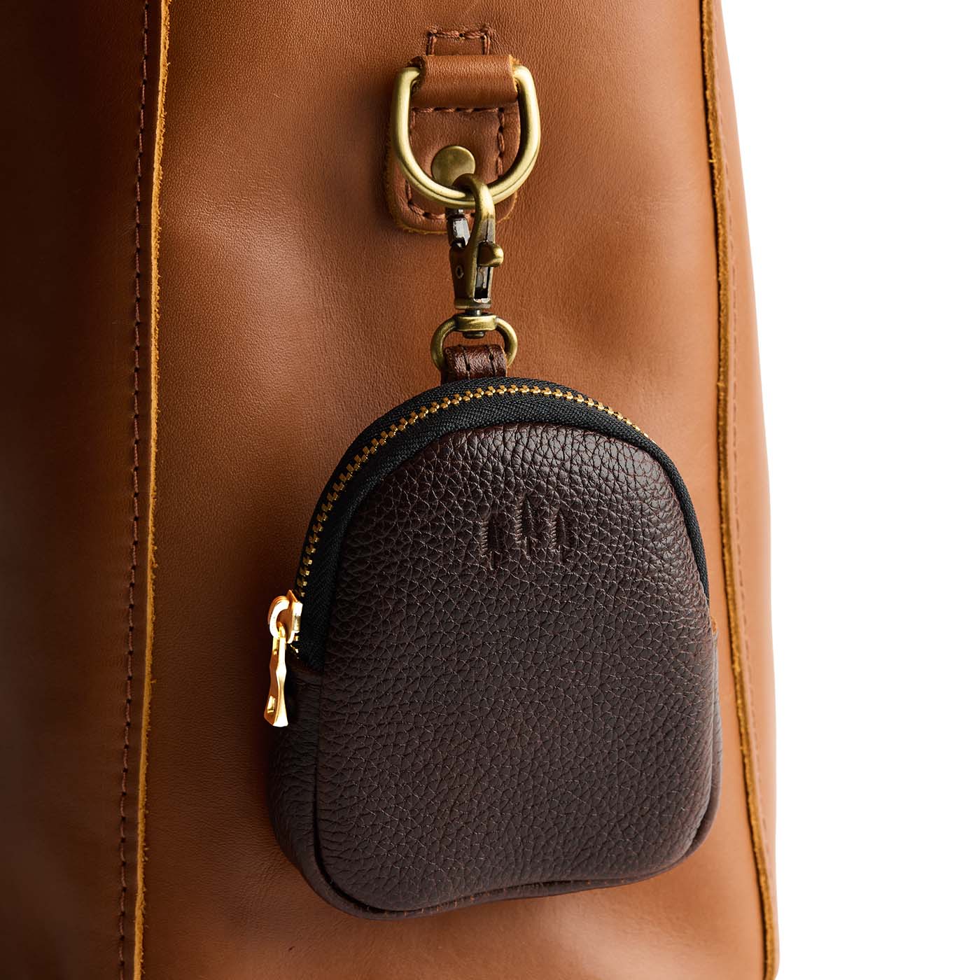 Coldbrew | Leather keychain pouch with zipper top, swivel lobster clasp, and debossed emblem of three PLG trees