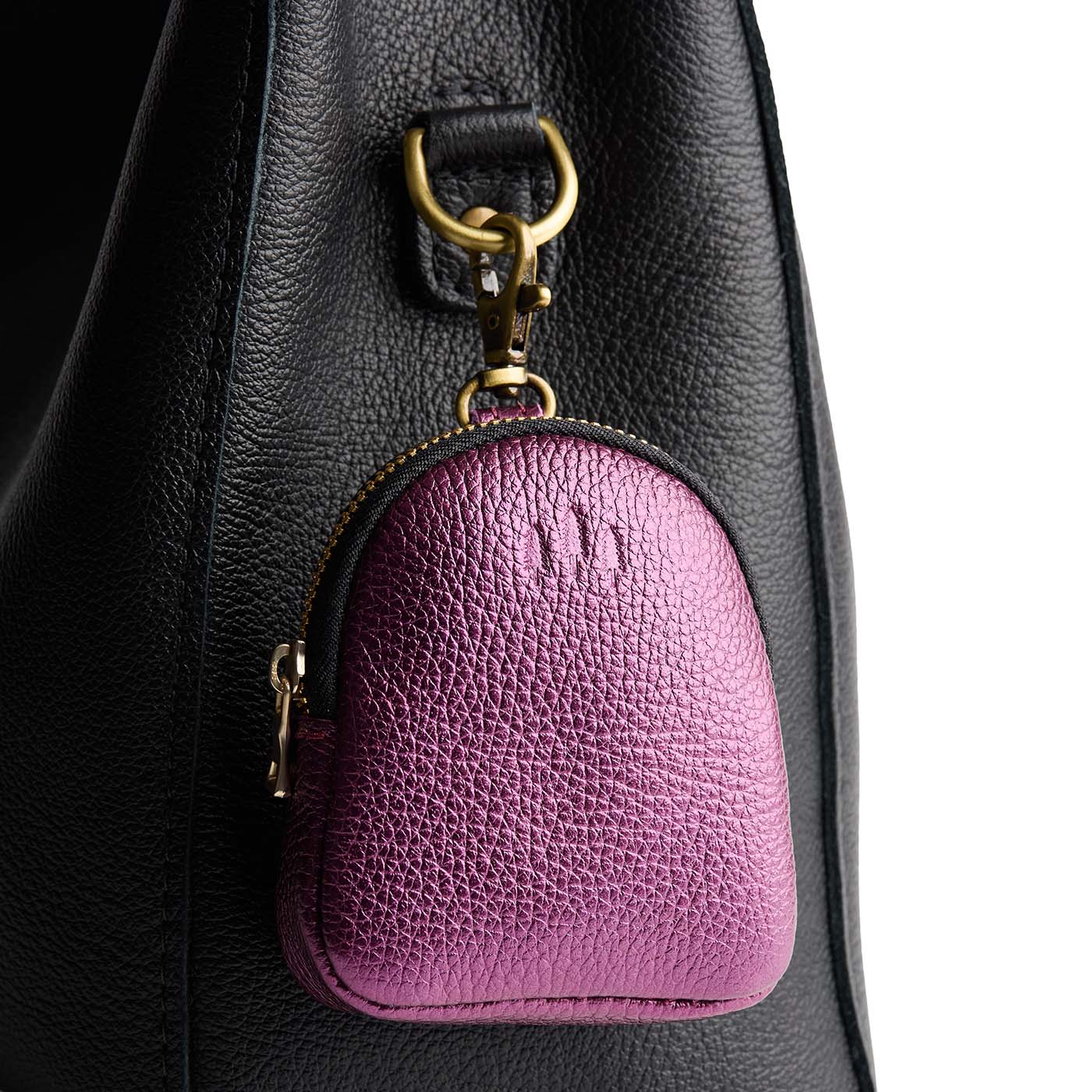 Ultra Violet | Leather keychain pouch with zipper top, swivel lobster clasp, and debossed emblem of three PLG trees