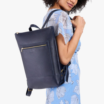 Night Owl | Model wearing rectangular slim leather laptop backpack