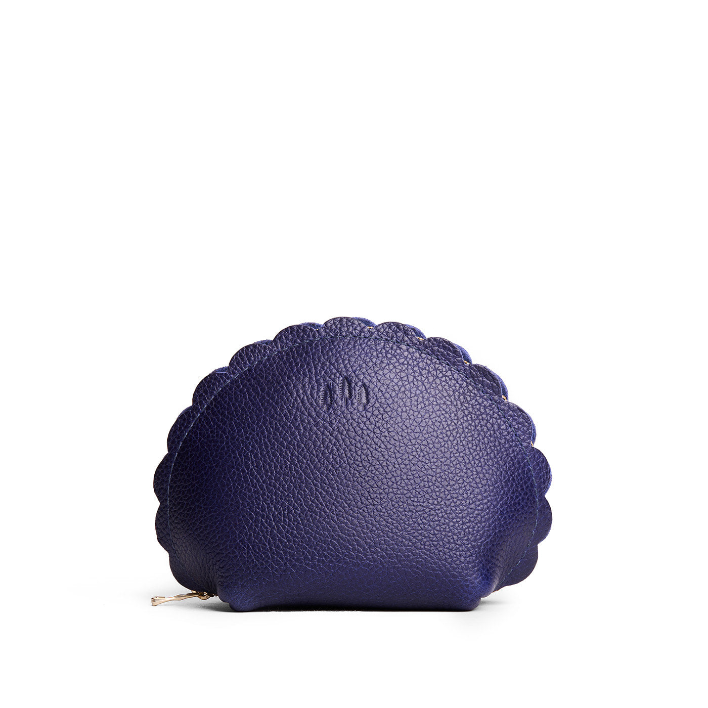 Cobalt*Large | Curved leather pouch with zipper and scalloped edges