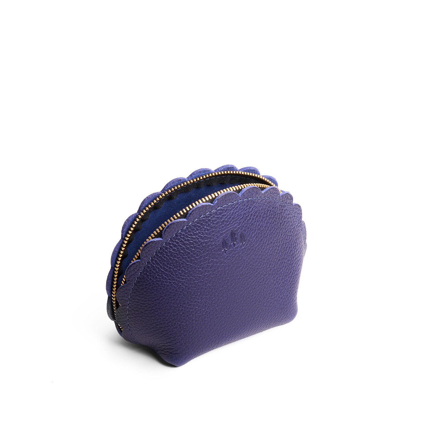 Cobalt*Large | Curved leather pouch with zipper and scalloped edges