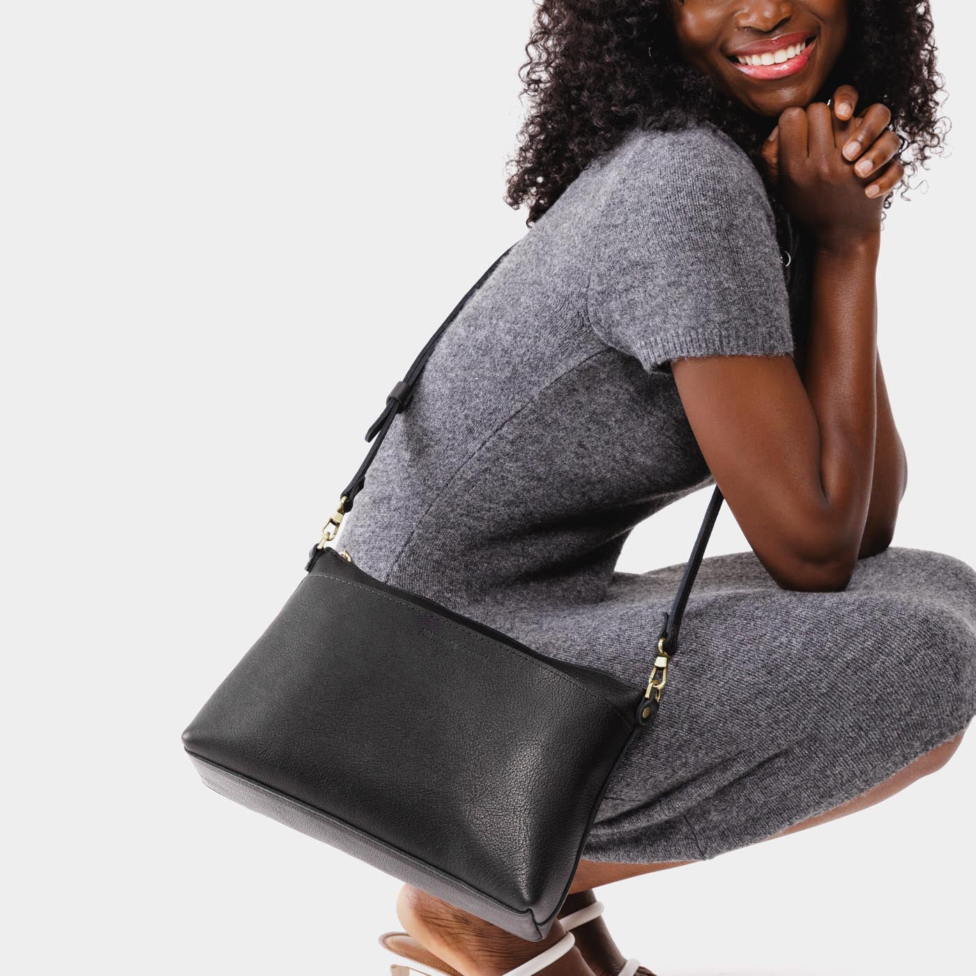 Pebbled--black*Large | Zip top crossbody bag with detachable strap