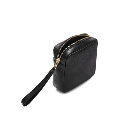 Pebbled--black | Square shaped pouch with zipper opening, wristlet, and front pocket