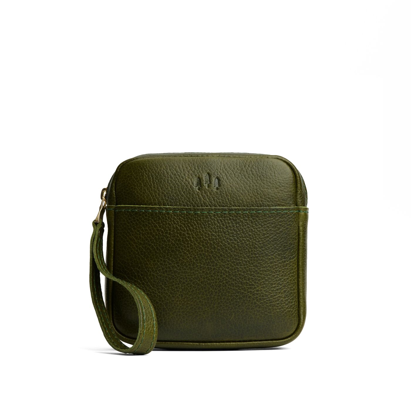 Pebbled Olive | Square shaped pouch with zipper opening, wristlet, and front pocket