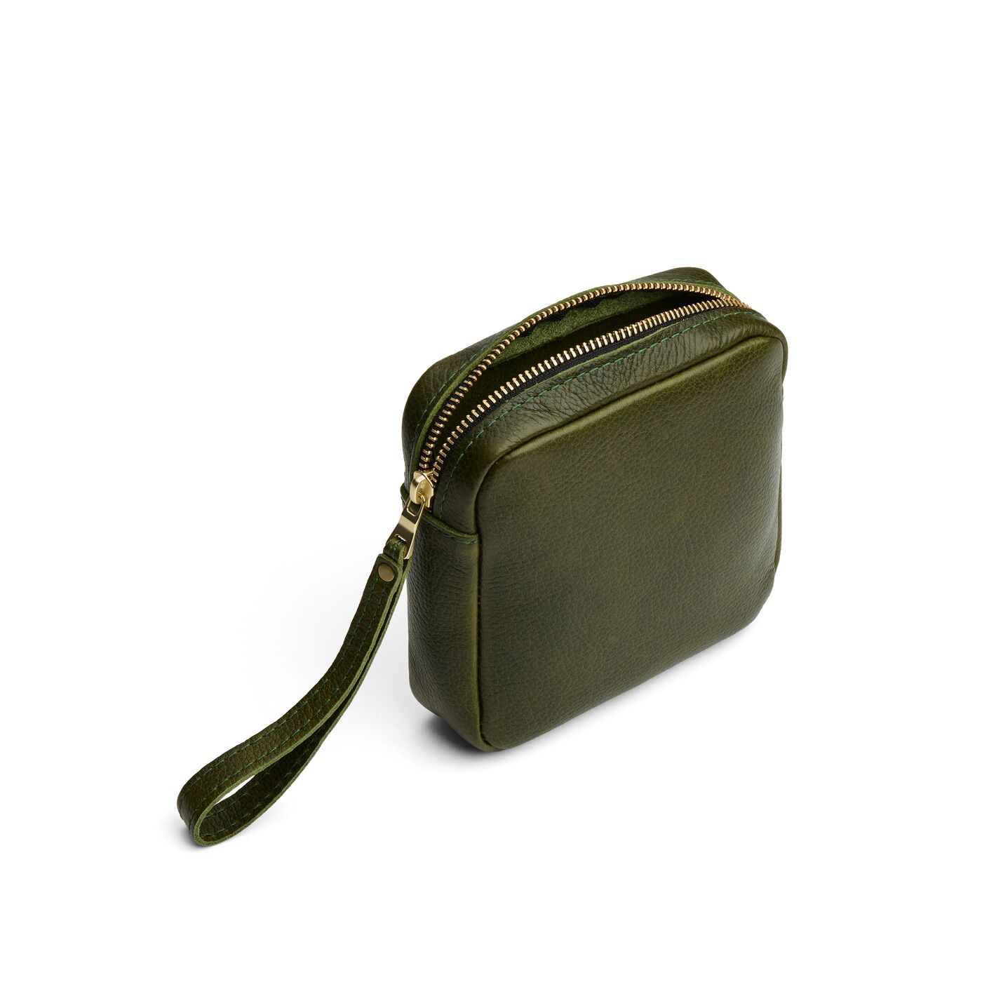 Pebbled Olive | Square shaped pouch with zipper opening, wristlet, and front pocket
