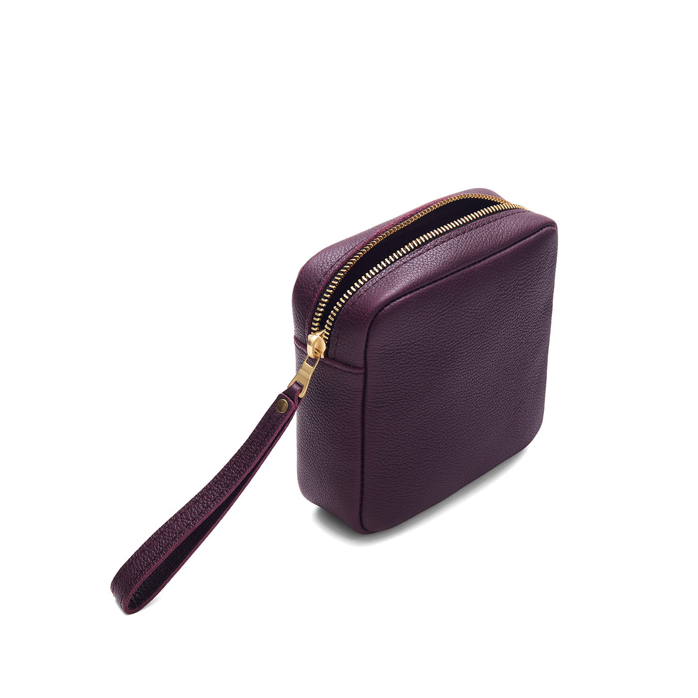 Plum | Square shaped pouch with zipper opening, wristlet, and front pocket