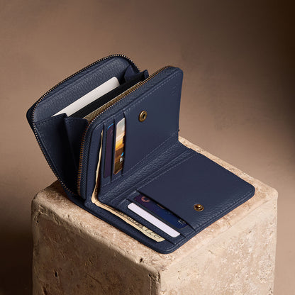 Anchor Blue | Open wallet with card and storage pockets on a light brown background