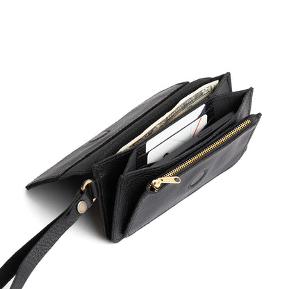 Pebbled--black | Leather wallet clutch with wristlet and magnetic closure