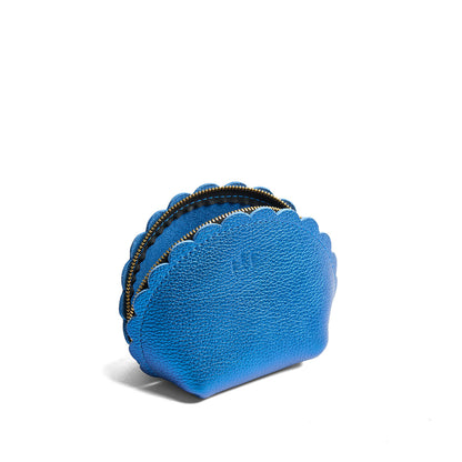 Comet Blue*Large | Curved leather pouch with zipper and scalloped edges