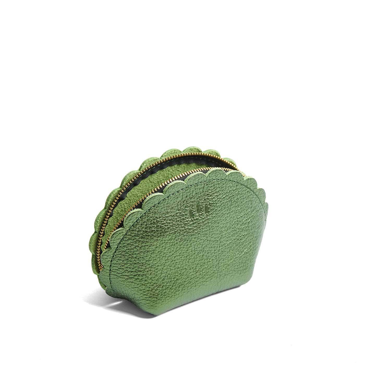 Metallic Greench*Large | Curved leather pouch with zipper and scalloped edges