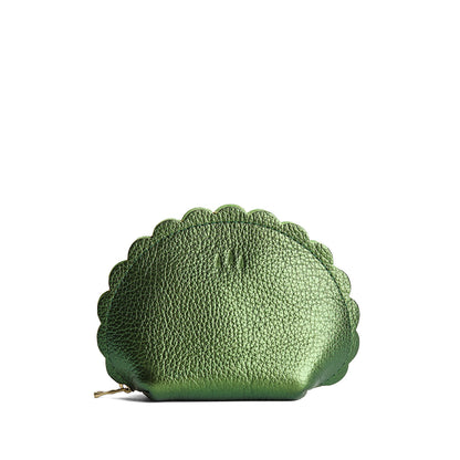 Metallic Greench*Large | Curved leather pouch with zipper and scalloped edges