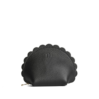 Pebbled--black*Large | Curved leather pouch with zipper and scalloped edges
