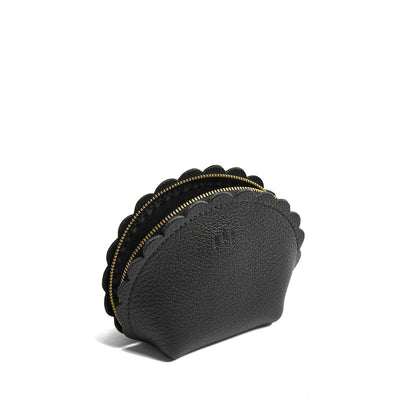 Pebbled--black*Large | Curved leather pouch with zipper and scalloped edges