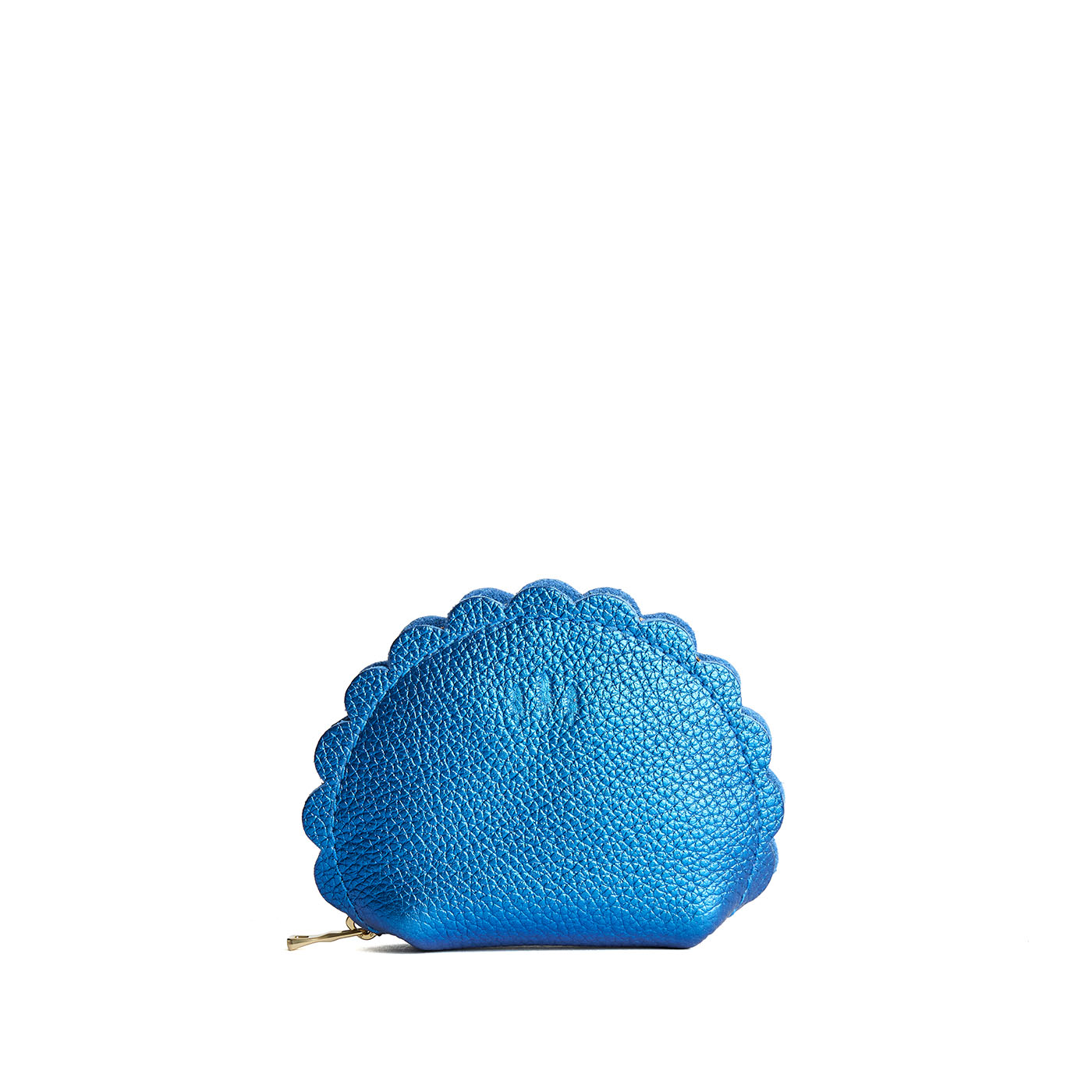 Comet Blue*Small | Curved leather pouch with zipper and scalloped edges