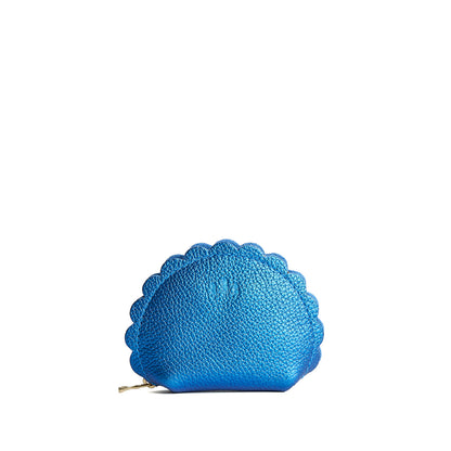 Comet Blue*Small | Curved leather pouch with zipper and scalloped edges