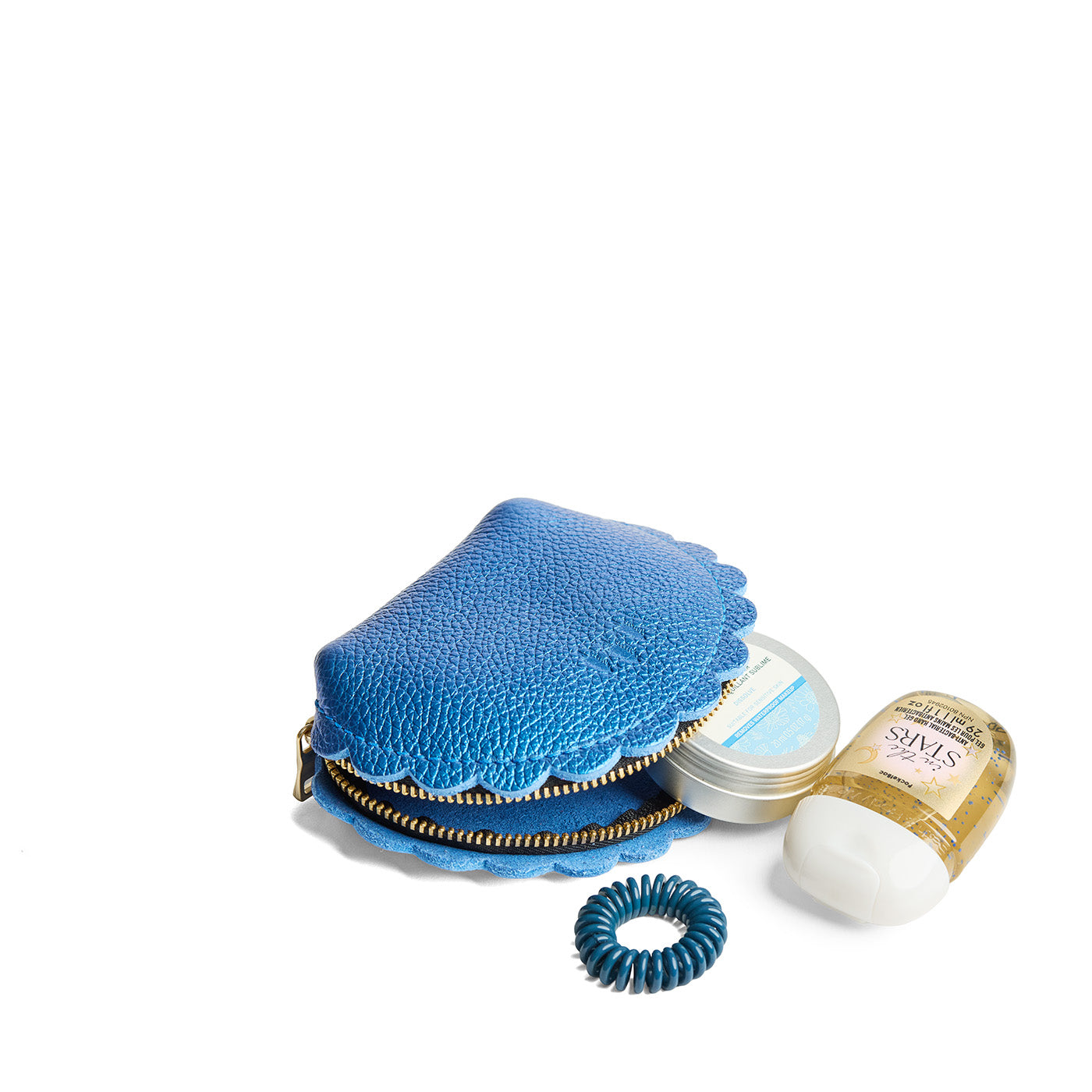 Comet Blue*Small | Curved leather pouch with zipper and scalloped edges