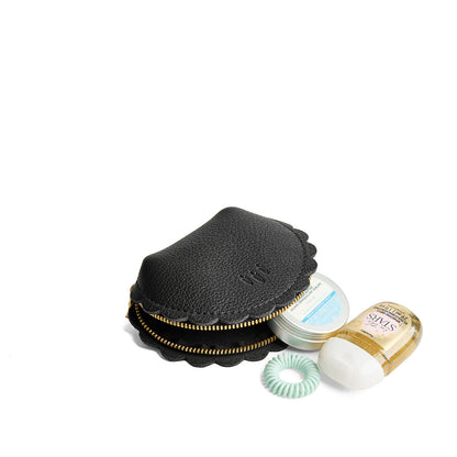 Pebbled--black*Small | Curved leather pouch with zipper and scalloped edges
