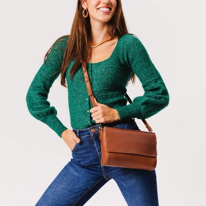 Honey*Medium | Model Wearing Leather Crossbody Bag with Magnetic Messenger Bag Closure