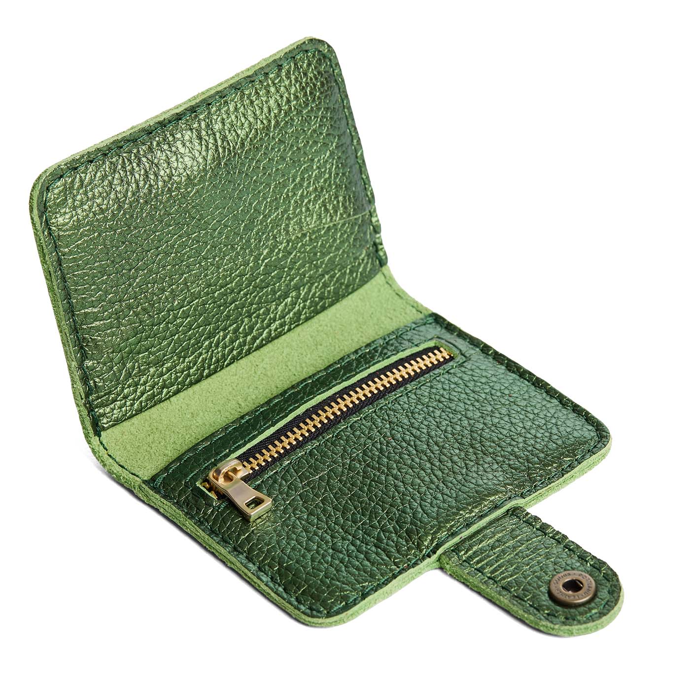 Metallic Greench | Small leather bifold wallet with snap open